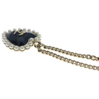 Chanel CC Logo Faux Pearl Heart Necklace Metal Black Gold — view 5