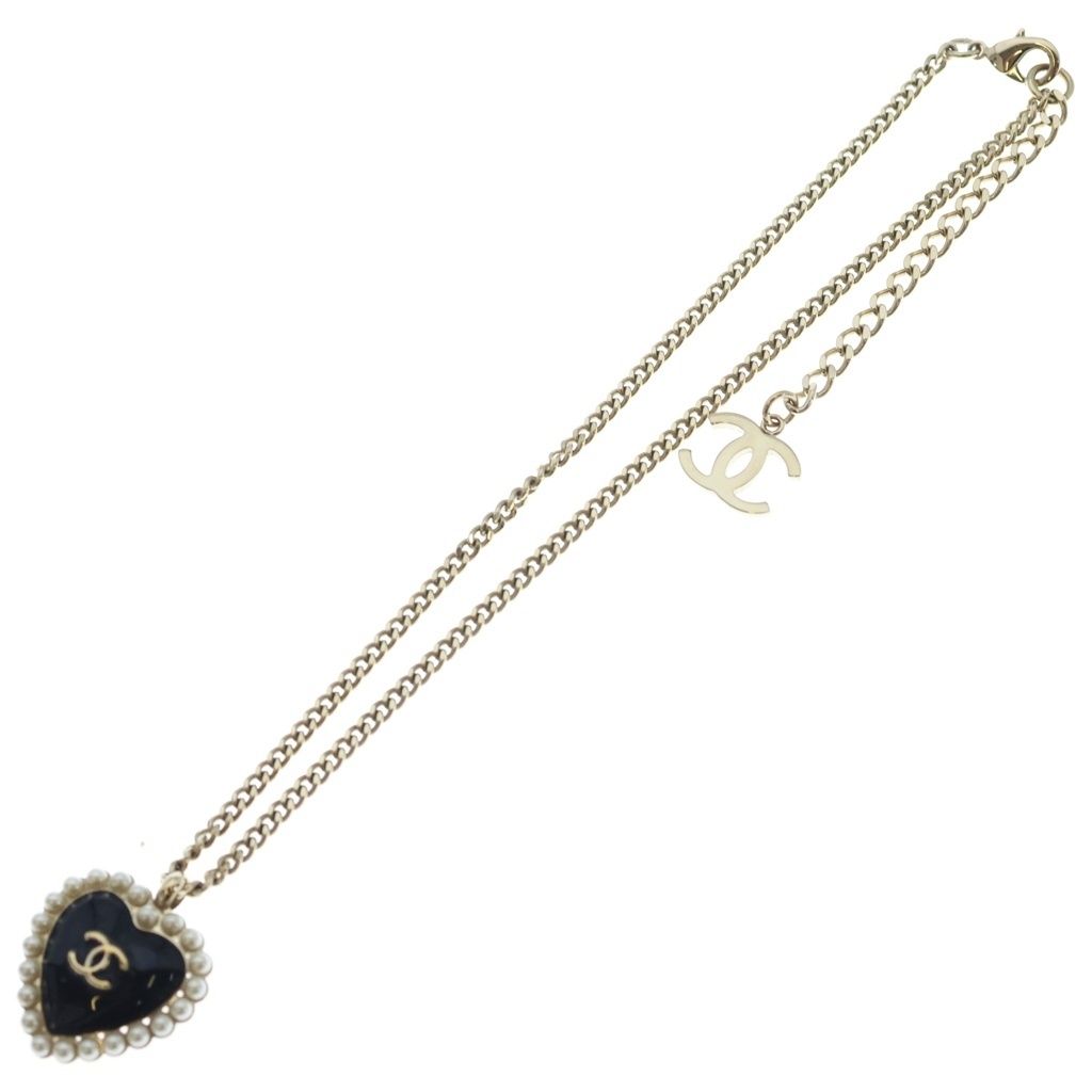 Chanel CC Logo Faux Pearl Heart Necklace Metal Black Gold — view 2