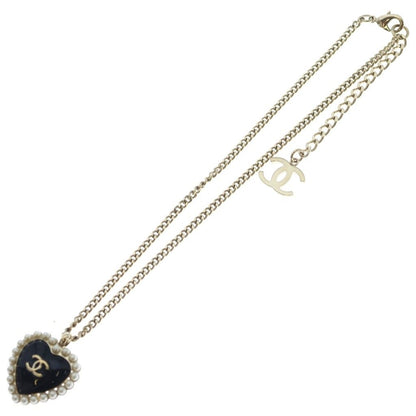 Chanel CC Logo Faux Pearl Heart Necklace Metal Black Gold — view 2