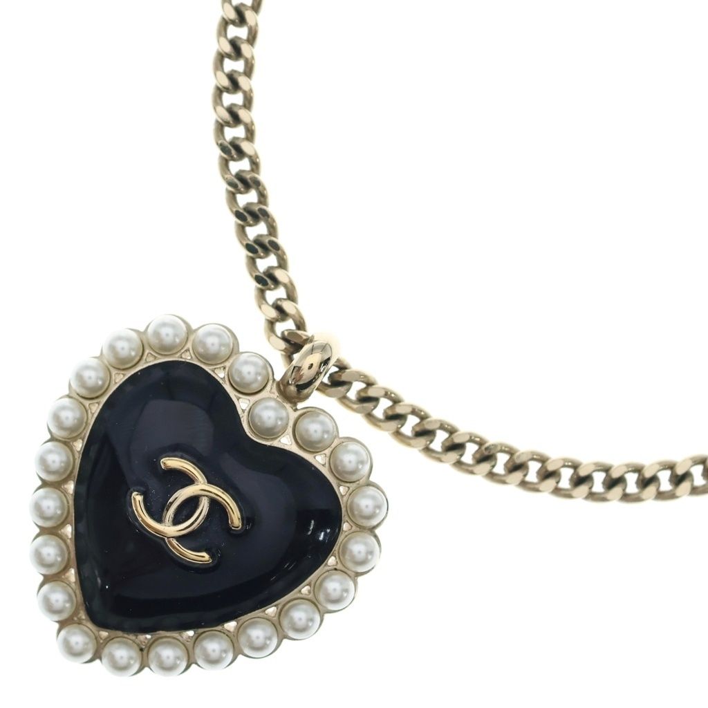 Chanel CC Logo Faux Pearl Heart Necklace Metal Black Gold