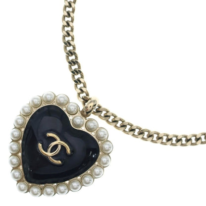 Chanel CC Logo Faux Pearl Heart Necklace Metal Black Gold