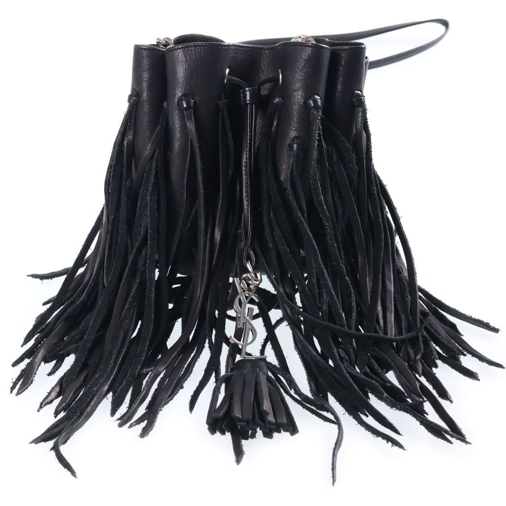 Saint Laurent Paris Fringe Bag Lauren Logo Design Leather Back Black