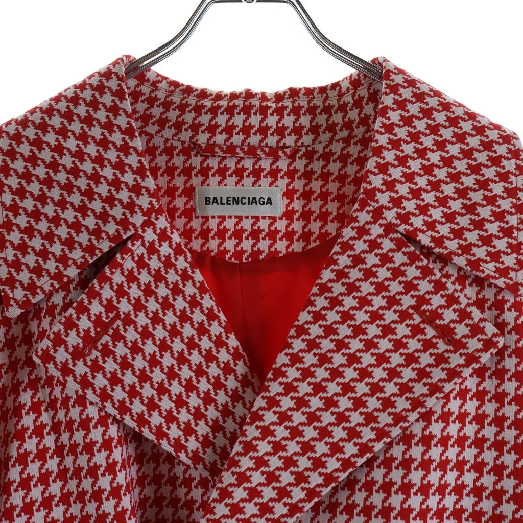 Balenciaga 20 AW Houndstooth Double Breasted Coat Long Chesterfield White Red — view 3