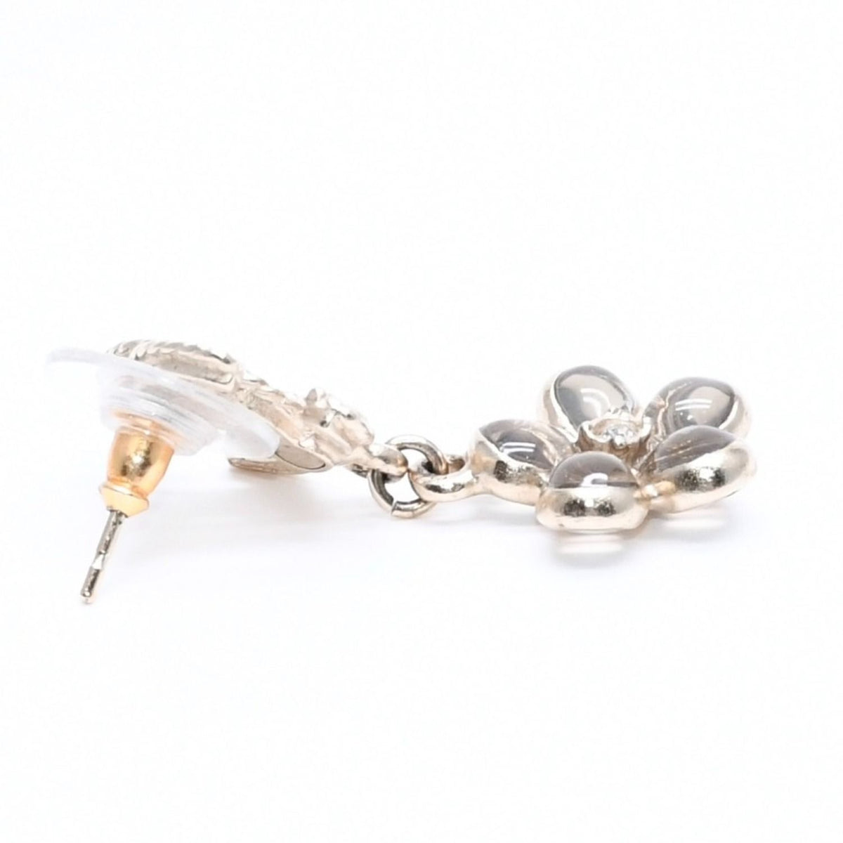 Chanel CC Logo Camellia Drop Earrings Stamp Metal Rhinestone Resin — view 6