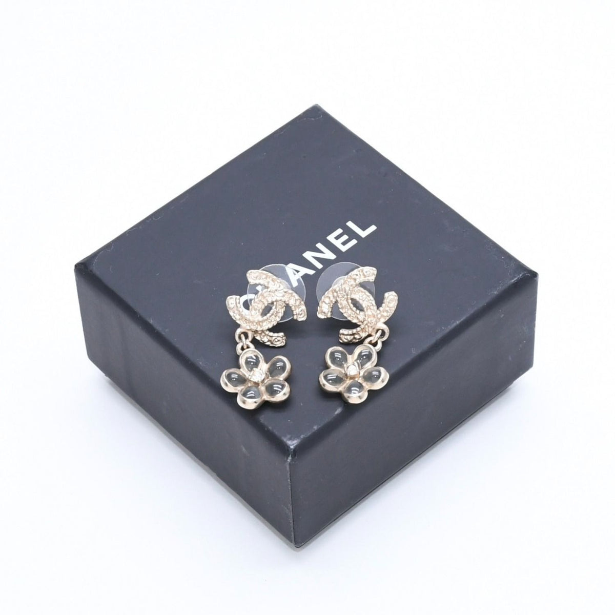 Chanel CC Logo Camellia Drop Earrings Stamp Metal Rhinestone Resin — view 2
