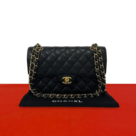 Chanel Quilted CC Logo Double Flap Caviar Leather Shoulder Bag Black