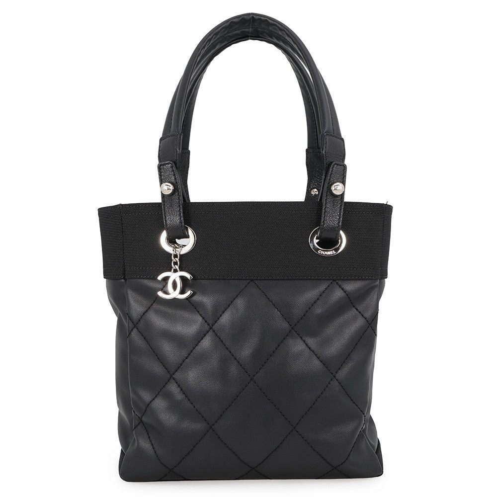 Chanel Tote Bag Paris Biarritz PM Quilted CC Logo Black