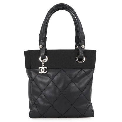 Chanel Tote Bag Paris Biarritz PM Quilted CC Logo Black