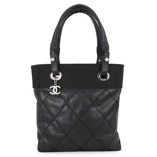 Chanel Tote Bag Paris Biarritz PM Quilted CC Logo Black