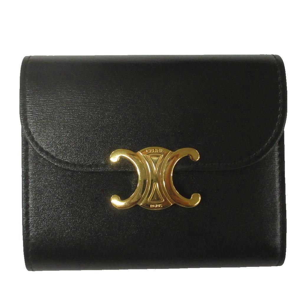 Celine Small Flap Wallet Triomphe Shiny Calfskin Trifold Black