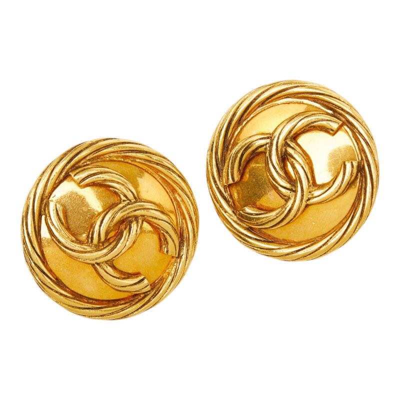 Chanel CC Logo Vintage Earrings 93P Gold Plated
