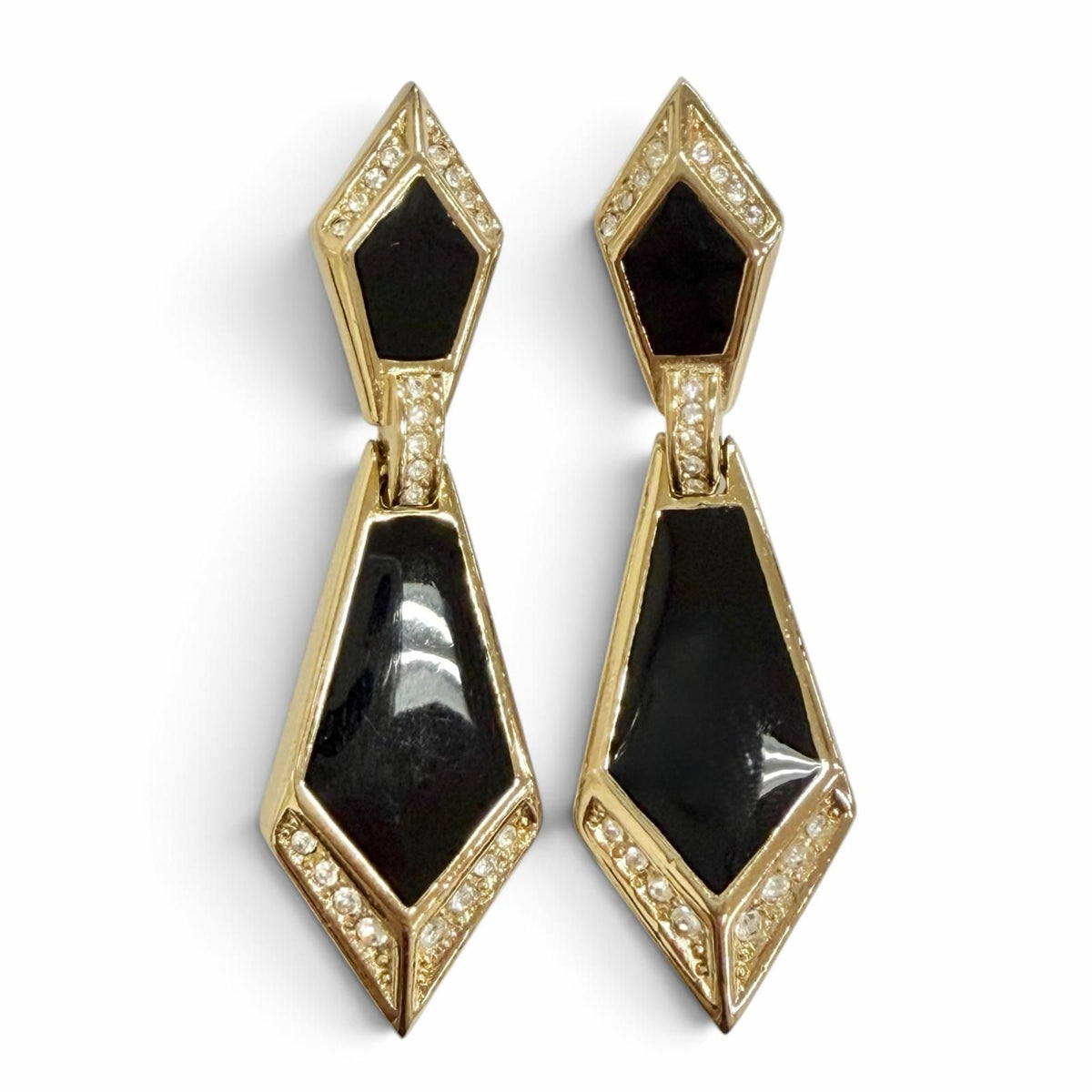 Dior Vintage Onyx Rhinestone Geometric Earrings Gold Black