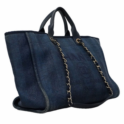 Chanel Chain Tote Bag Deauville Tweed Navy Champagne Gold 2-Way — view 2
