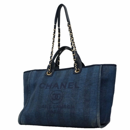 Chanel Chain Tote Bag Deauville Tweed Navy Champagne Gold 2-Way