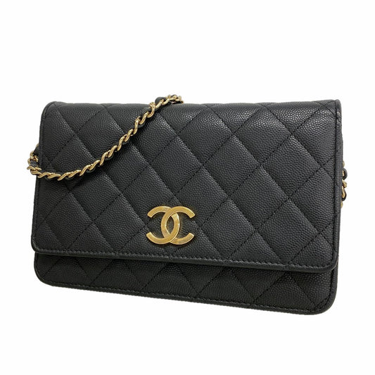 Chanel Wallet on Chain Quilted Caviar Leather Black Champagne Gold Shoulder Bag