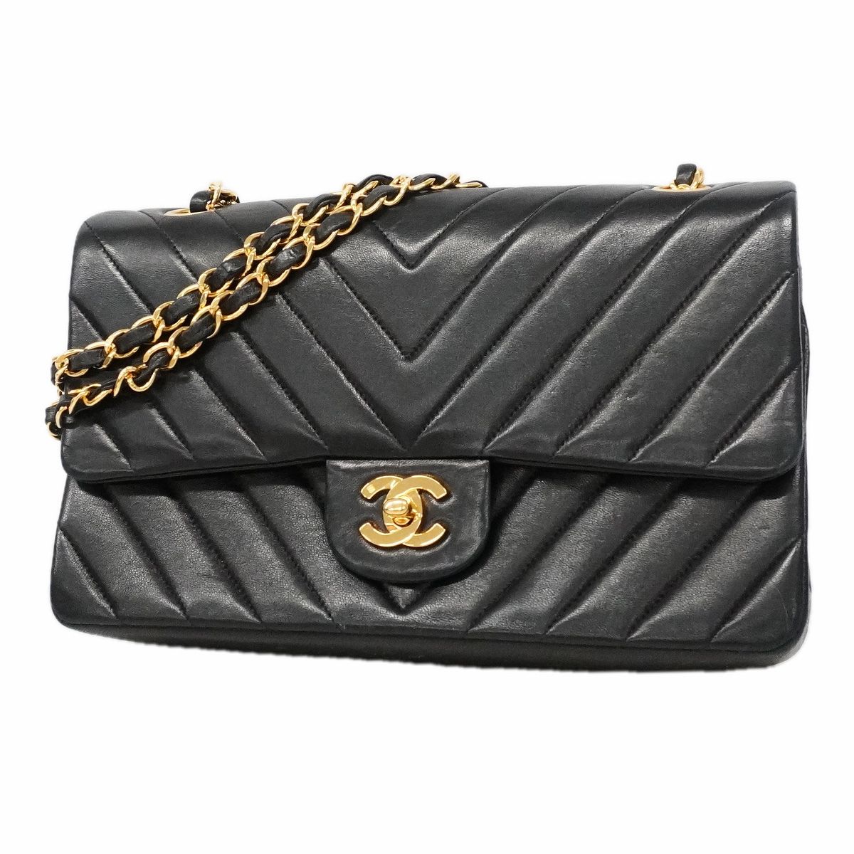 Chanel Shoulder Bag V-stitch Lambskin Black Gold