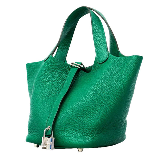 Hermes Handbag Picotin Lock PM Taurillon Clemence Vert Verdigo Silver