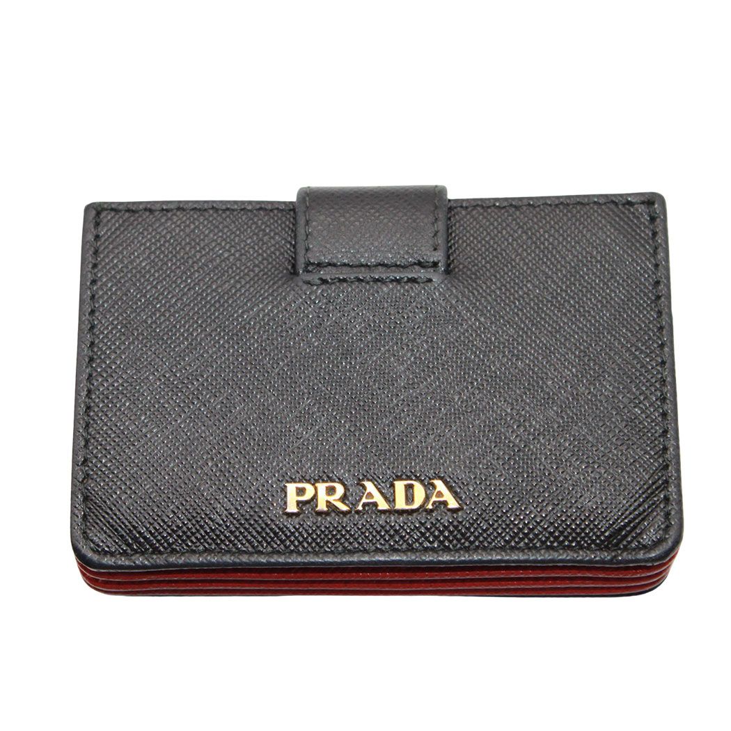 Prada Card Case Saffiano Black Red Accordion