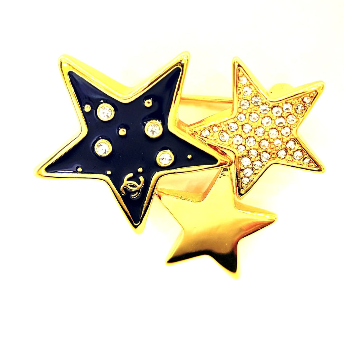 Chanel Rhinestone Star Brooch Gold Plated Navy