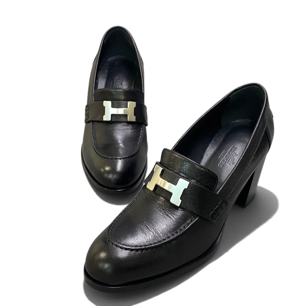 Hermes I8 Moccasins Dauphin Heels Loafers H Black Leather — view 5