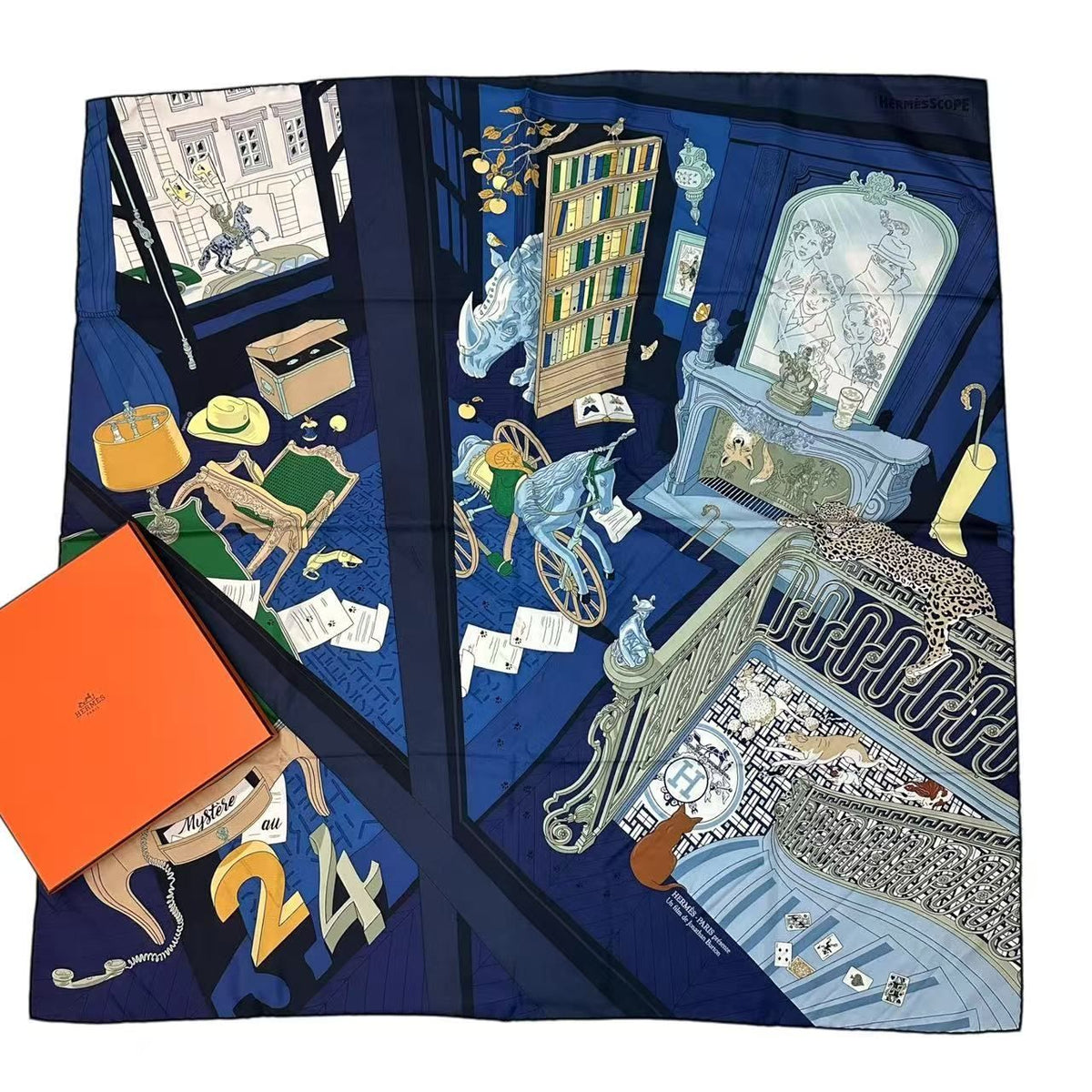 Hermes Carre 90 Mystere AU 24 Address Mystery Scarf Silk Navy