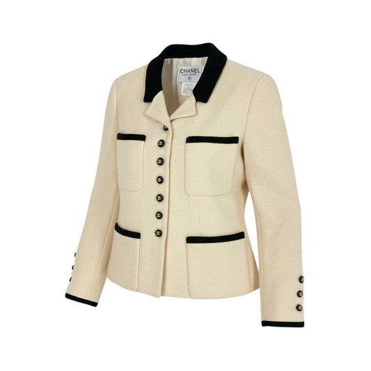 Chanel Vintage Tweed Jacket Tailor Bicolor CC Logo Button Ivory Black 42