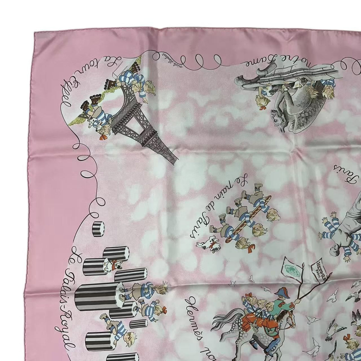 Hermes Scarf Silk Carre 90 les Triples de Paris Mischievous Triplets Pink — view 3