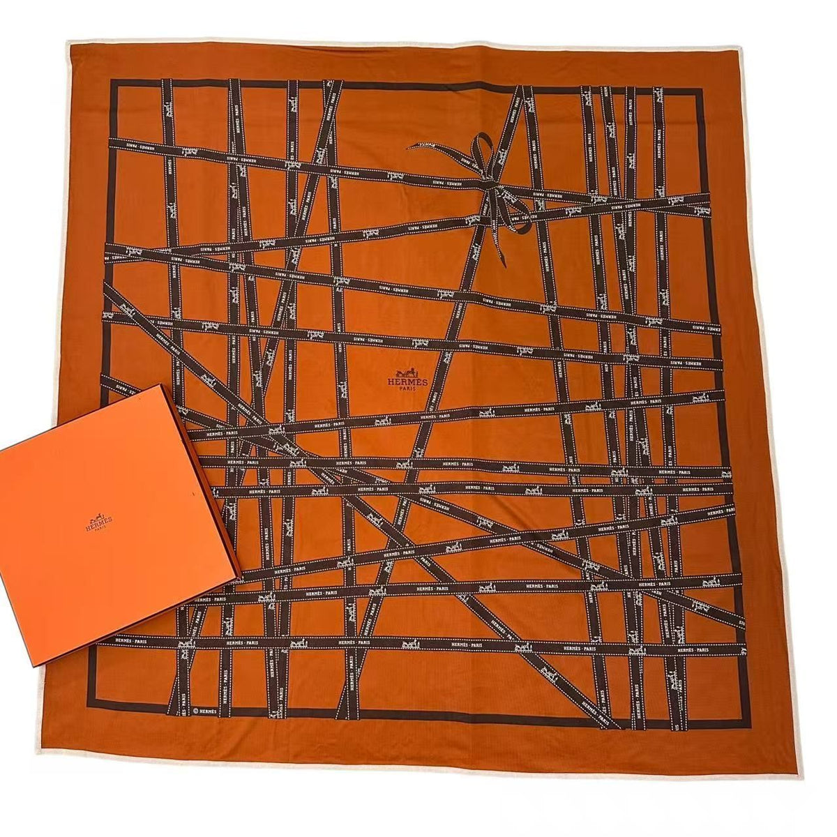 Hermes Scarf Carre 90 Silk Bolduc Ribbon Pattern Orange