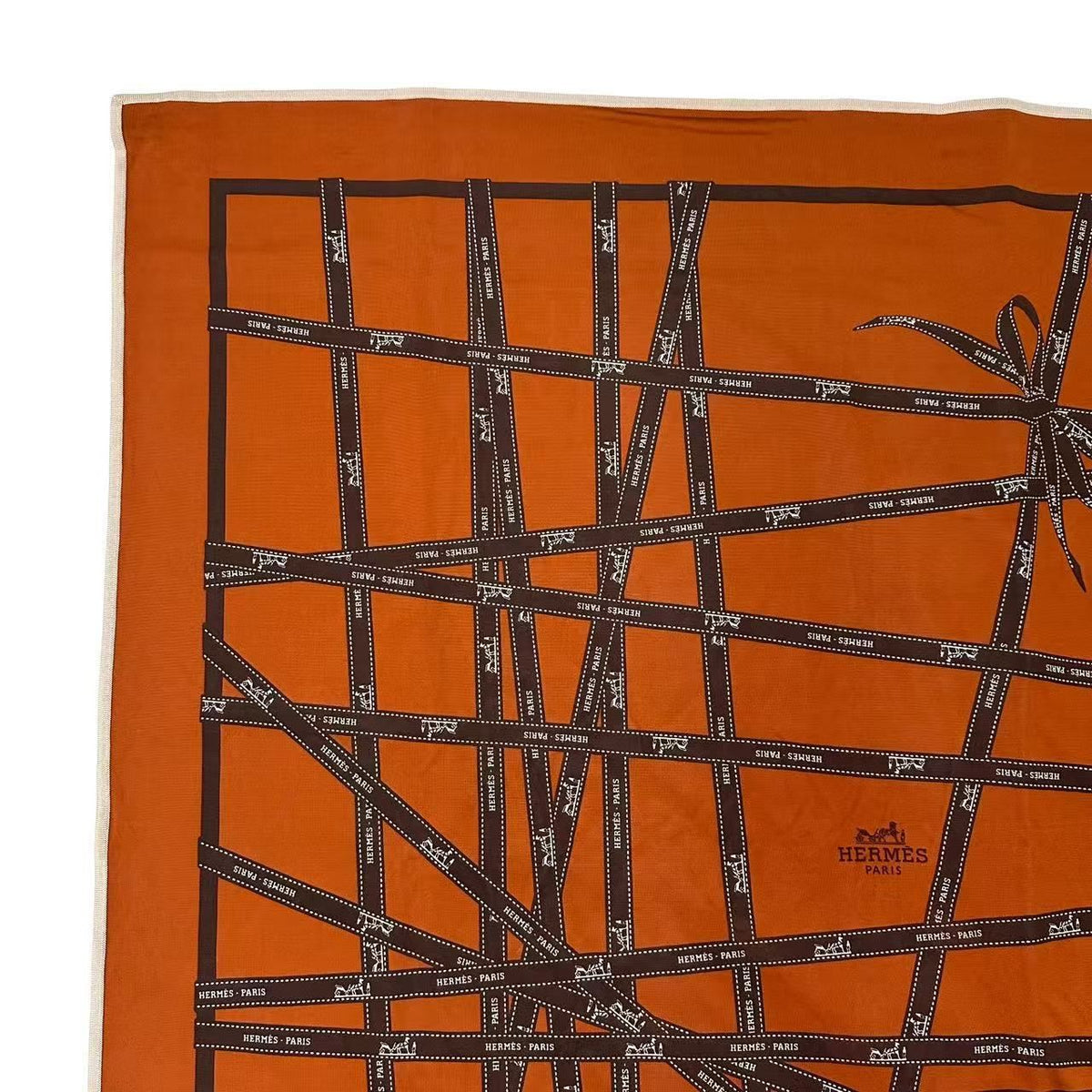 Hermes Scarf Carre 90 Silk Bolduc Ribbon Pattern Orange — view 3