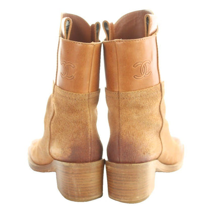 Chanel Short Boots Suede Smooth Square Toe CC Logo Brown — view 4
