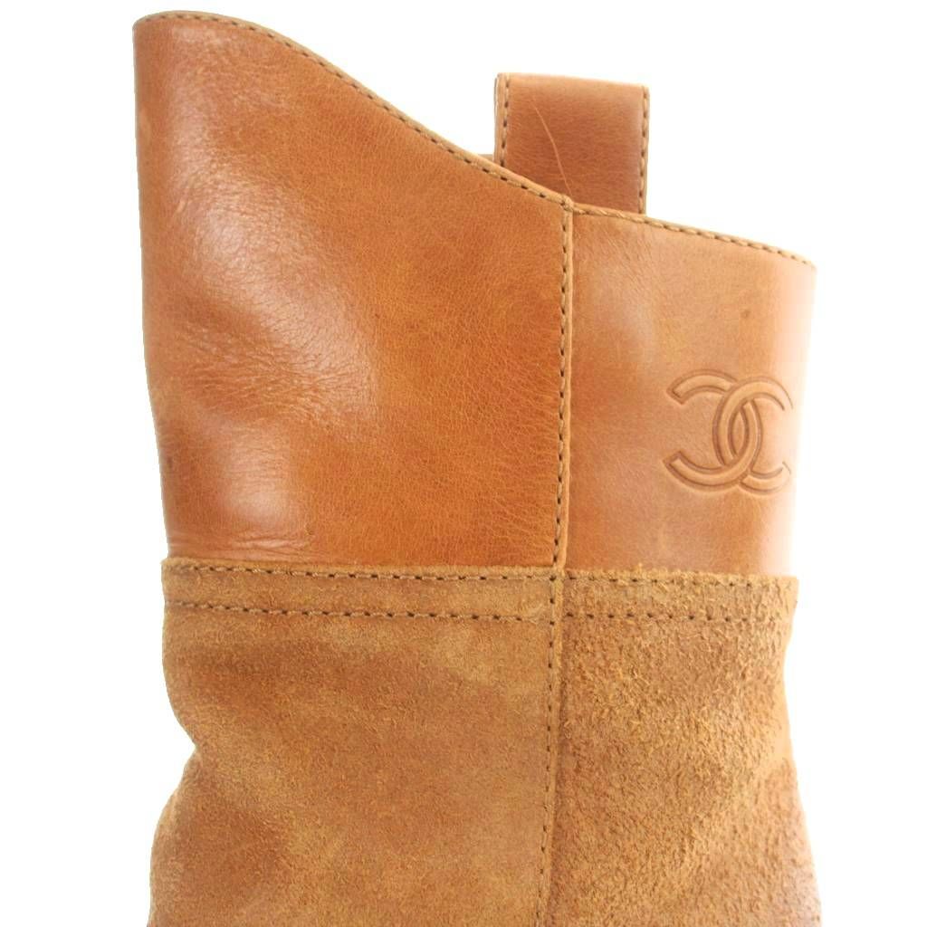 Chanel Short Boots Suede Smooth Square Toe CC Logo Brown — view 7