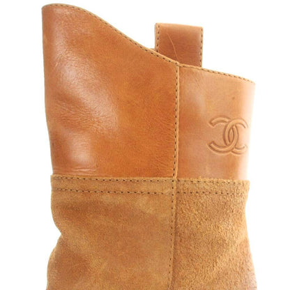 Chanel Short Boots Suede Smooth Square Toe CC Logo Brown — view 7