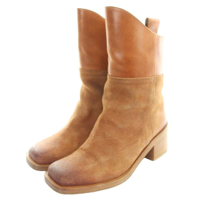 Chanel Short Boots Suede Smooth Square Toe CC Logo Brown