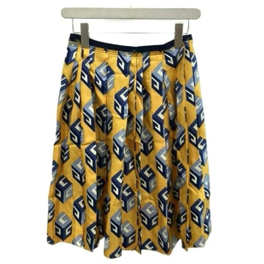Gucci Pleated Skirt Silk Yellow Cube Logo All Over Print 38