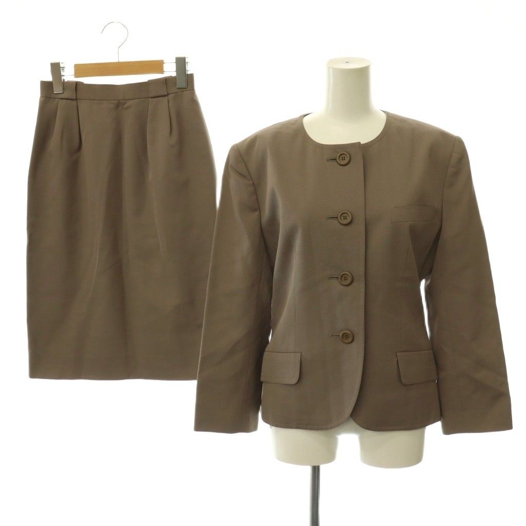 Dior Set Suit Collarless Jacket Pencil Skirt Wool 9 Mochabeige