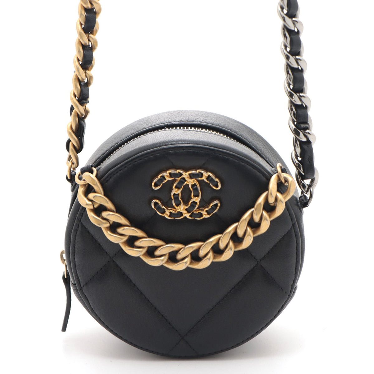 Chanel 19 Round Chain Shoulder Bag Leather Black Silver Ruthenium