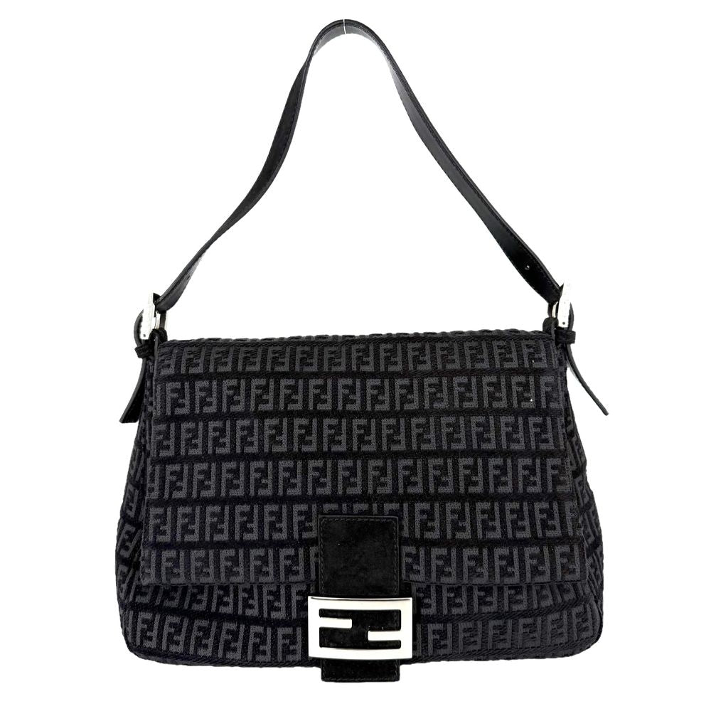 Fendi Zucchino Mamma Bucket Shoulder Bag Leather Velour Black Silver