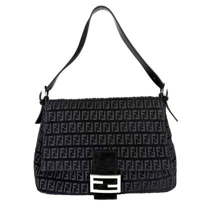 Fendi Zucchino Mamma Bucket Shoulder Bag Leather Velour Black Silver
