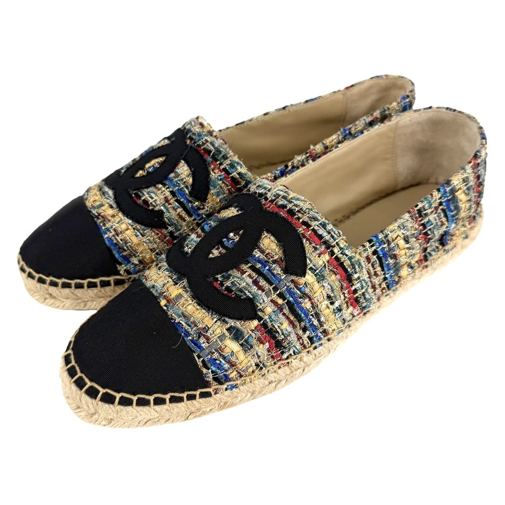 Chanel Sneakers Espadrilles Flat Shoes CC Logo Slip-on Tweed Multicolor Black