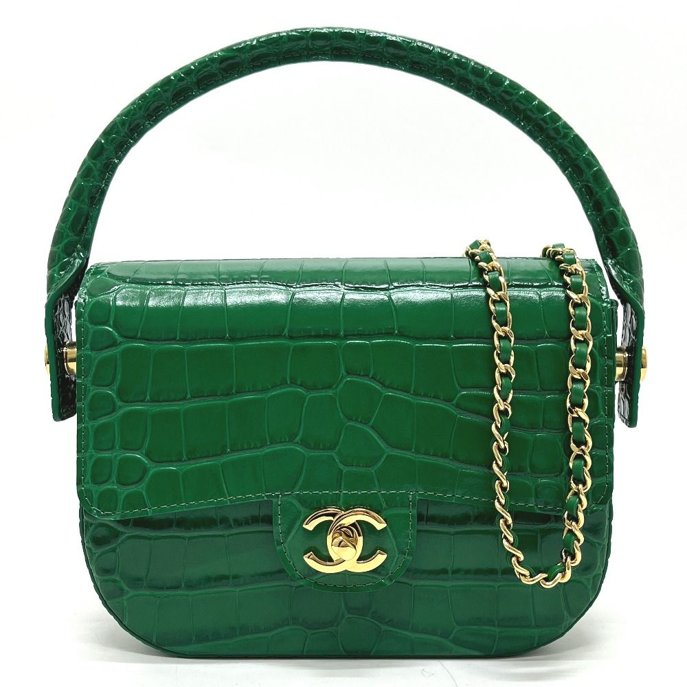 Chanel Shoulder Bag CC Logo Mini Top Handle Flap Metiers D'art Leather Green