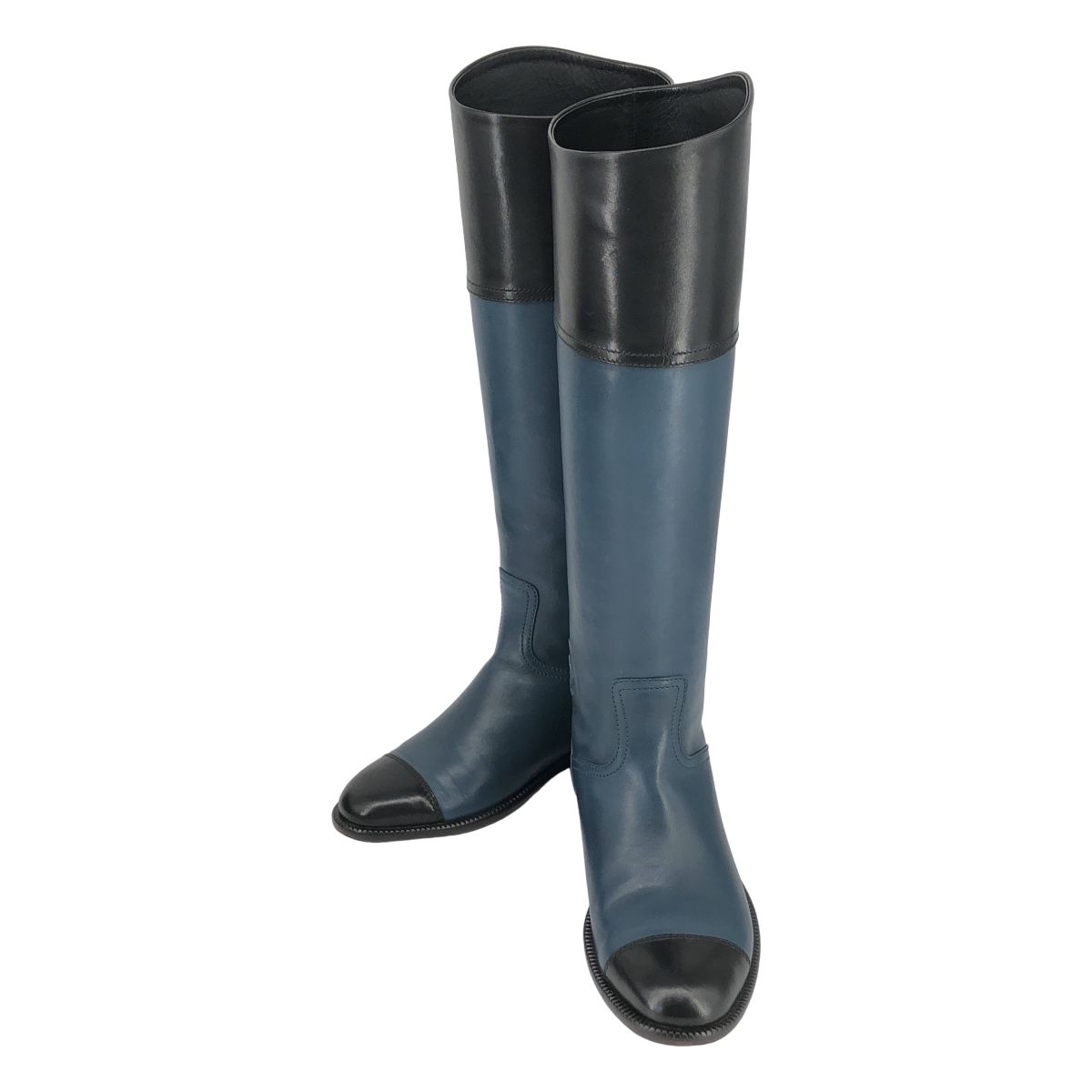 Chanel CC Logo Leather Bicolor Long Boots Navy Black