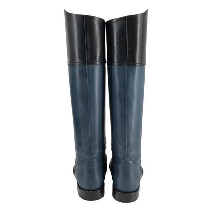 Chanel CC Logo Leather Bicolor Long Boots Navy Black — view 3
