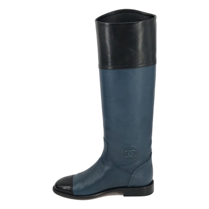 Chanel CC Logo Leather Bicolor Long Boots Navy Black — view 2