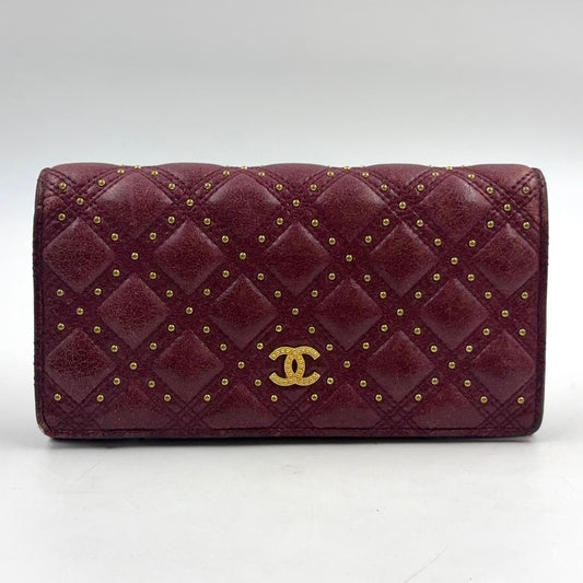 Chanel Quilted Studded Leather Bordeaux Bifold Wallet Gold