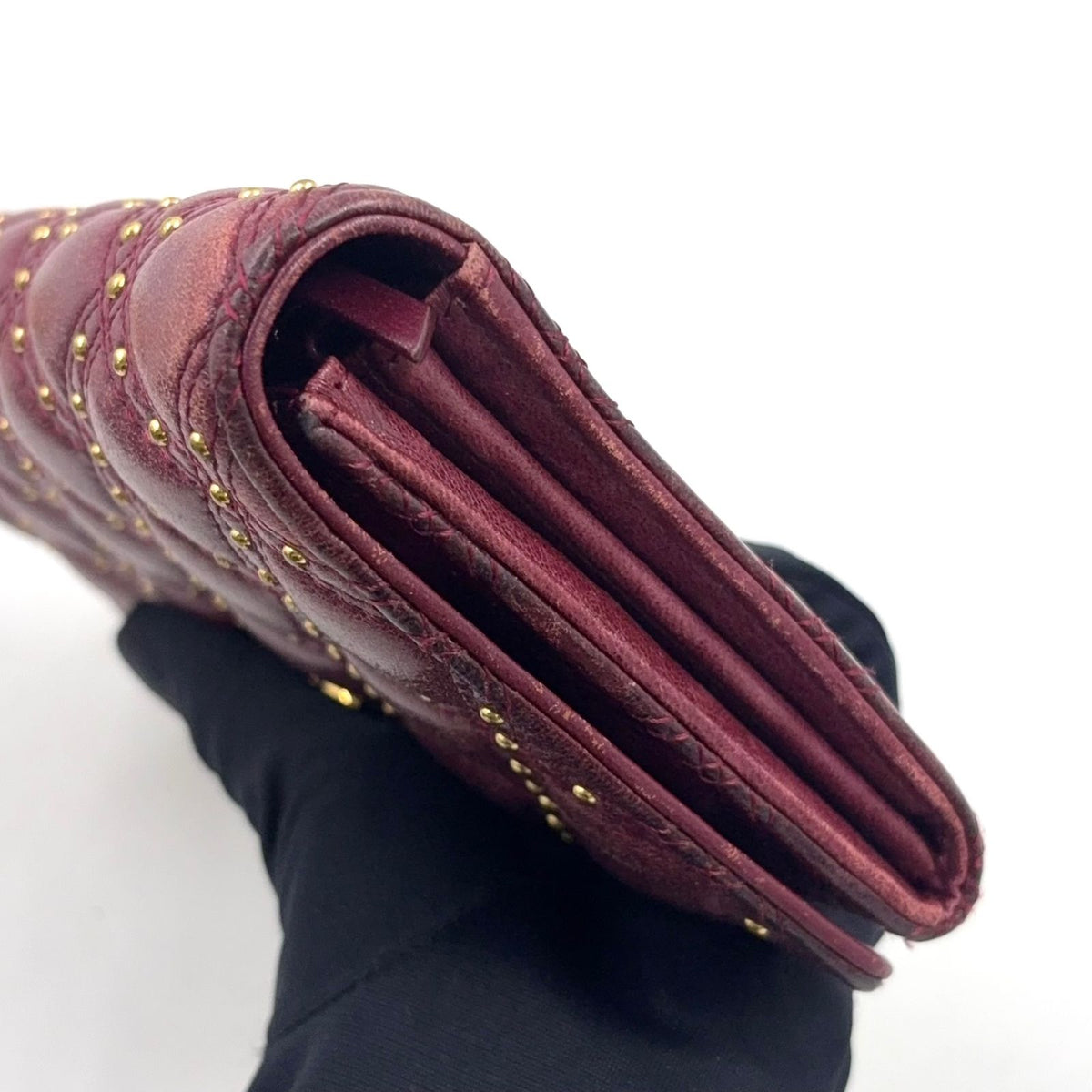 Chanel Quilted Studded Leather Bordeaux Bifold Wallet Gold — view 6