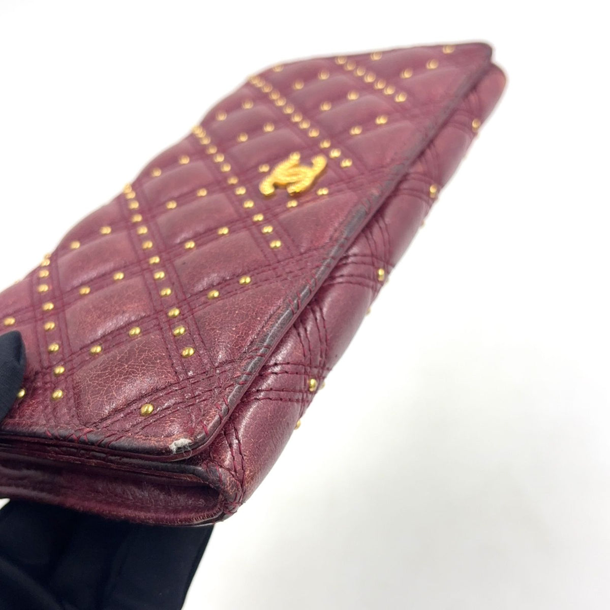Chanel Quilted Studded Leather Bordeaux Bifold Wallet Gold — view 5