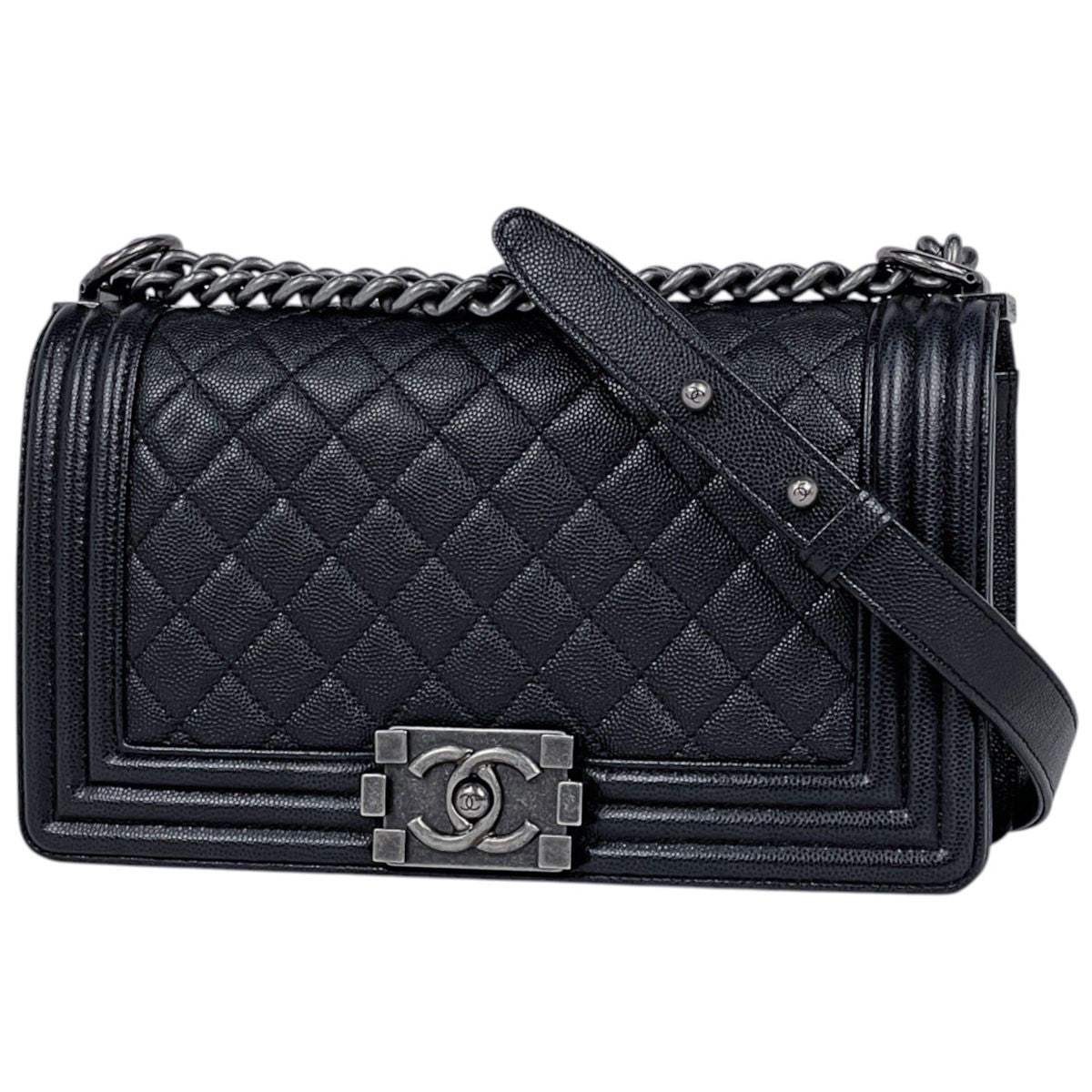 Chanel Shoulder Bag Boy CC Logo Caviar Leather Black