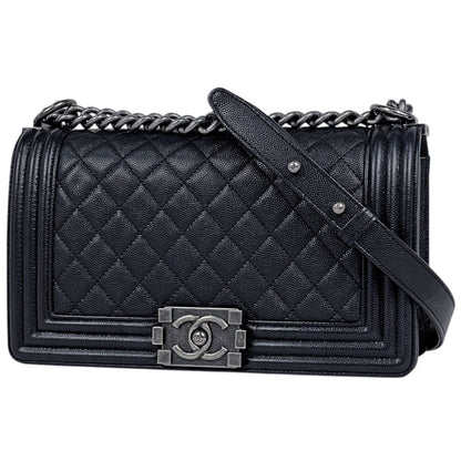Chanel Shoulder Bag Boy CC Logo Caviar Leather Black
