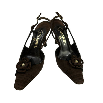 Chanel Sandals Dark Brown Camellia Pointed Toe Leather — view 2