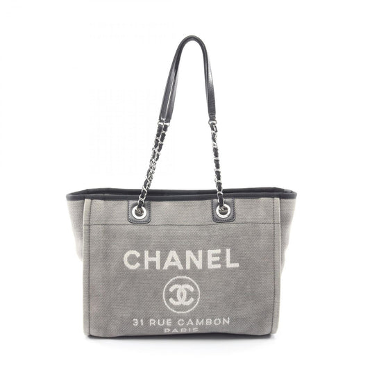 Chanel Tote Bag Deauville Gray White Black Canvas 2-Way Chain MM
